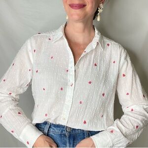 LOFT strawberry embroidered Swiss dot button-down blouse shirt top white
